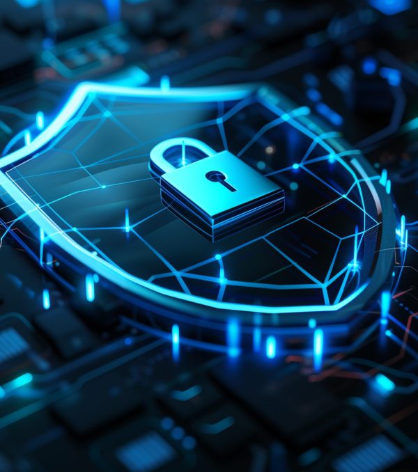 3D illustration of shield with lock and digital data network, blue color theme, isometric view, on dark background, concept for cyber security technology or online protection, detailed design, high resolution --ar 16:9 Job ID: fd295fbe-f95b-4c9b-a74c-1a67df883f9c